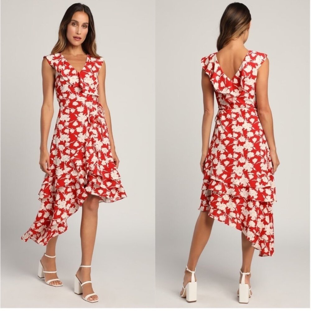 Red Floral Print Asymmetrical Wrap Dress - BRAND NEW